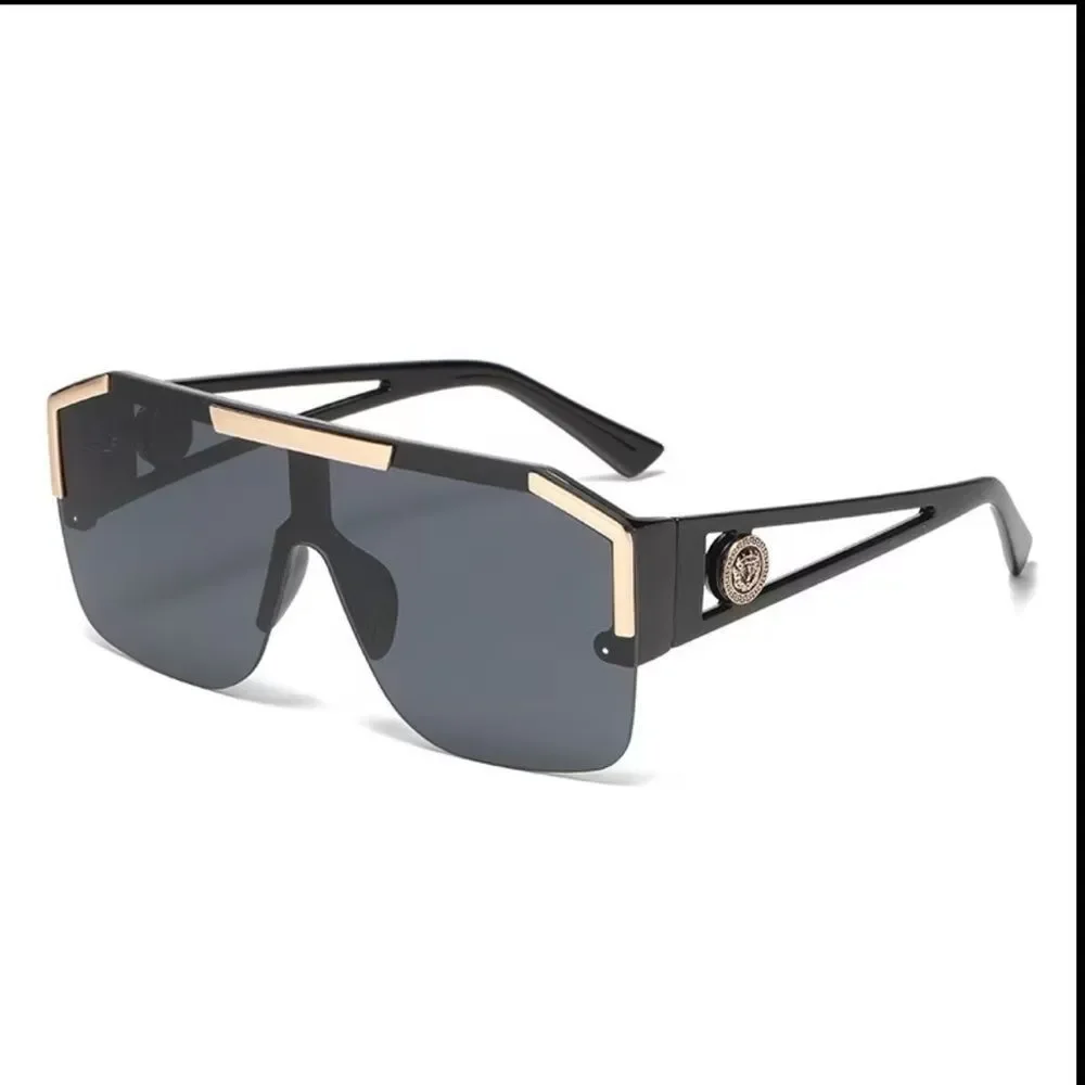 Oversized Black Shield Sunglasses with Gold Trim